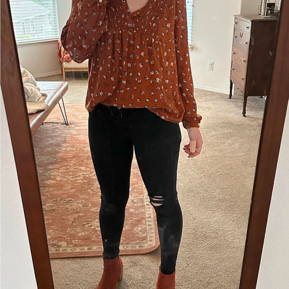 Floral Rust Blouse with Black Jeans